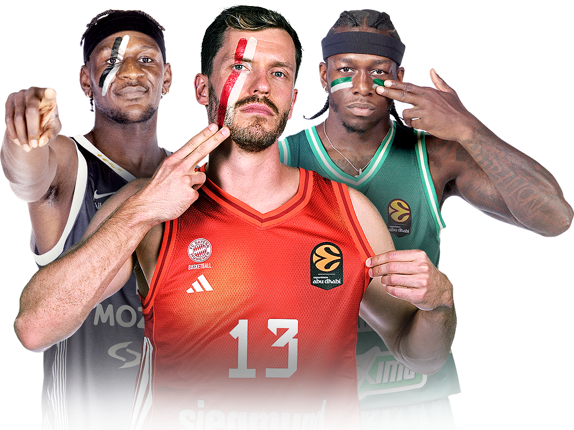 Drei Spieler aus der EuroLeague blicken fokussiert in die Kamera.